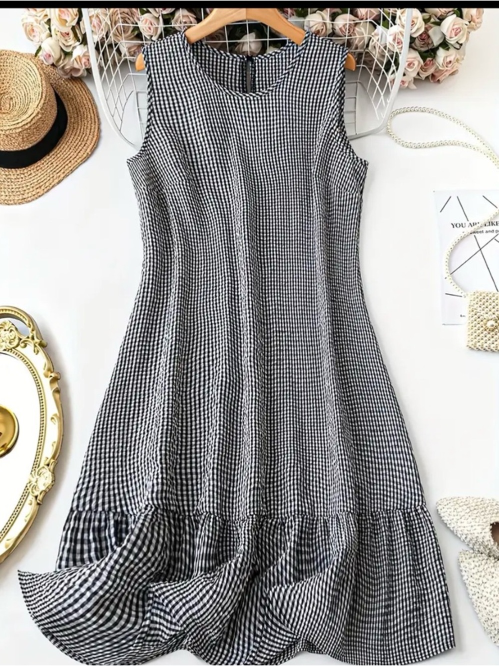 Sleeveless Black and White Gingham Midi Dress